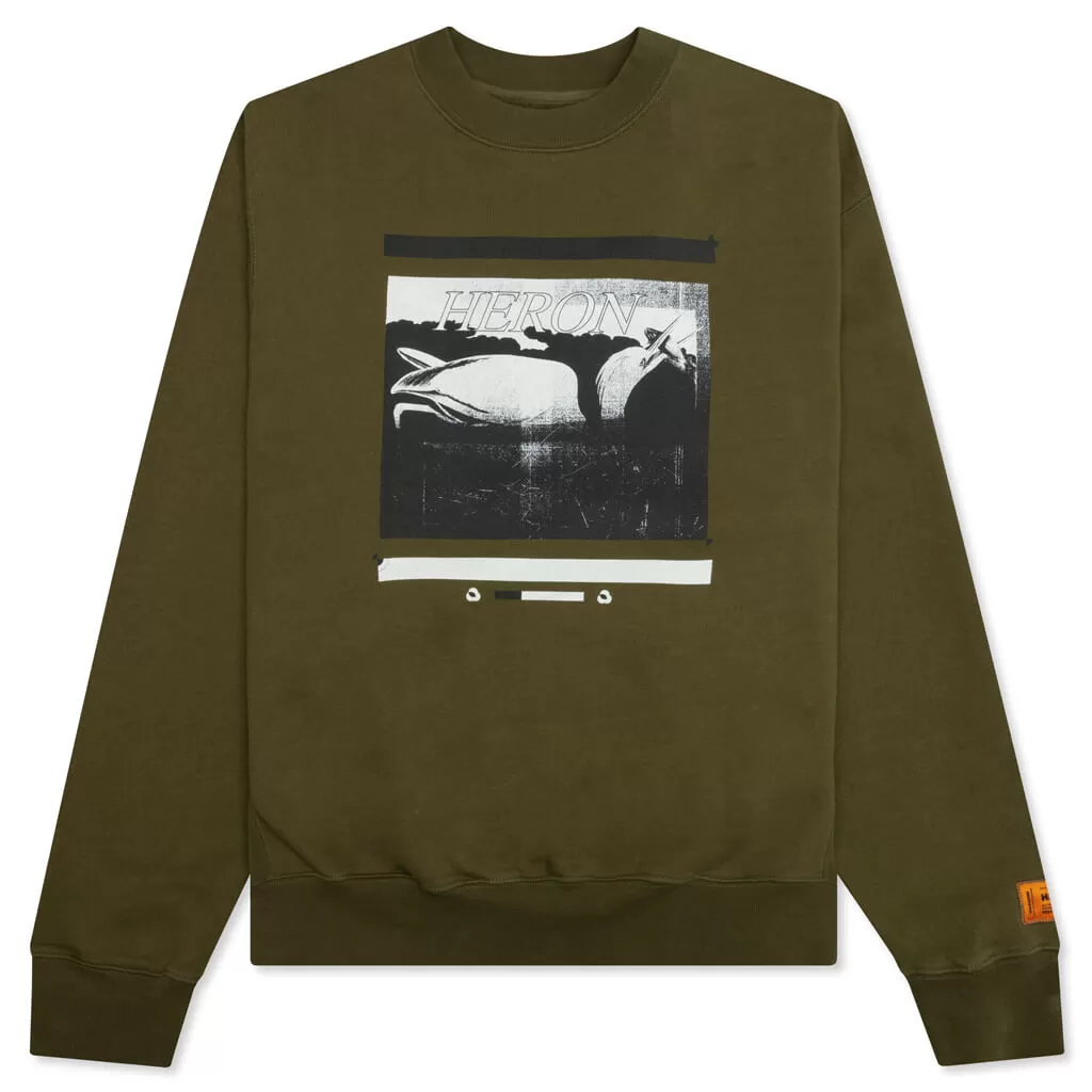 Misprinted Heron Crewneck - Dark Olive