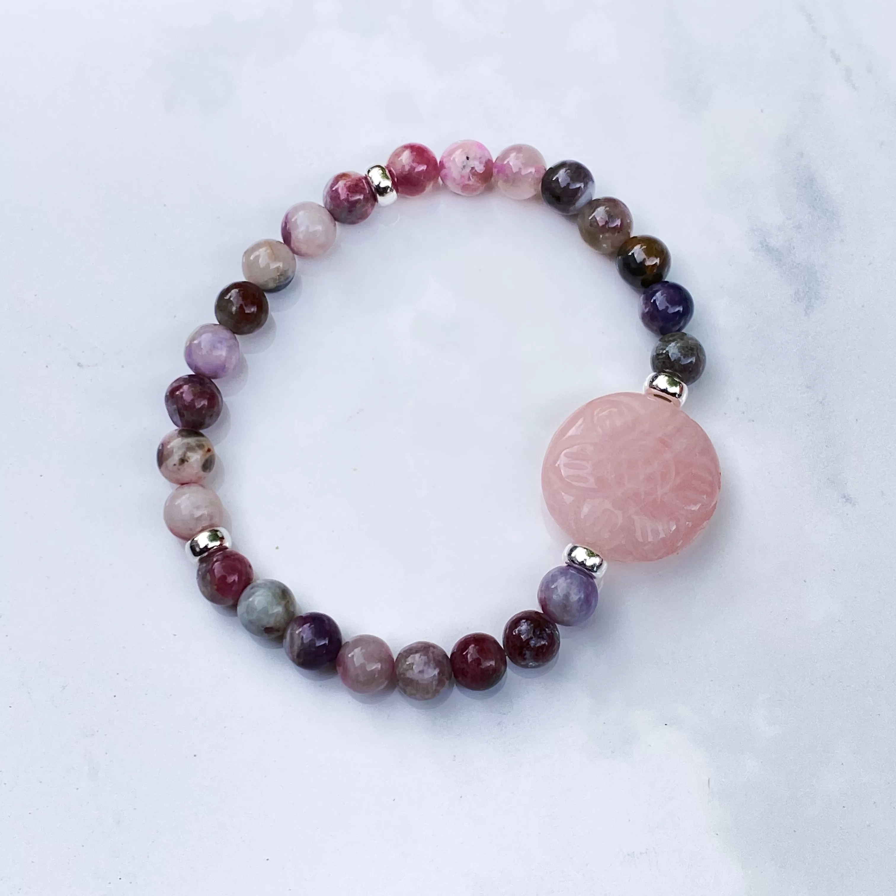 Mixed Tormaline or Red Lepidolite and Rose Quartz gemstone bracelets