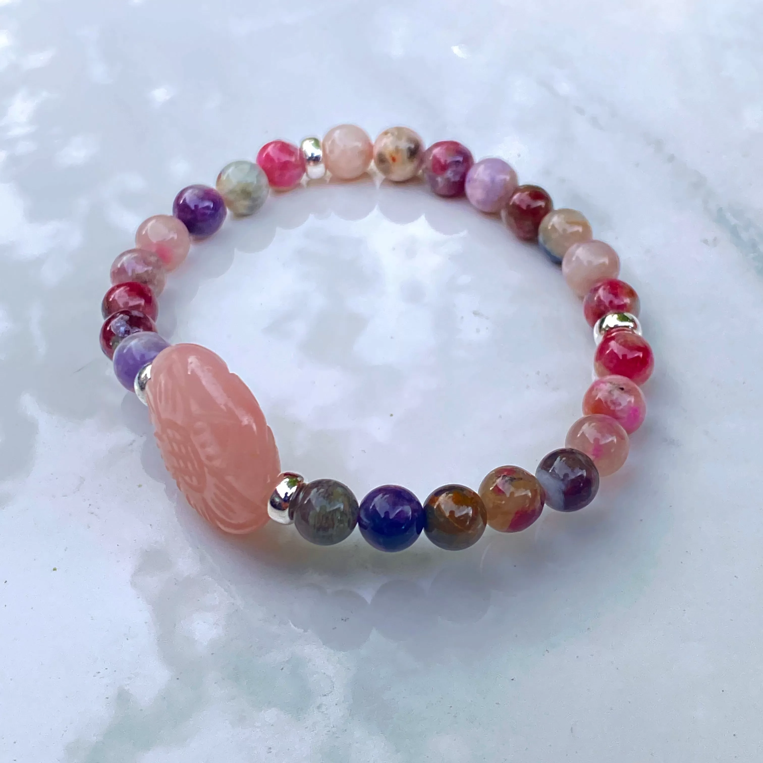 Mixed Tormaline or Red Lepidolite and Rose Quartz gemstone bracelets