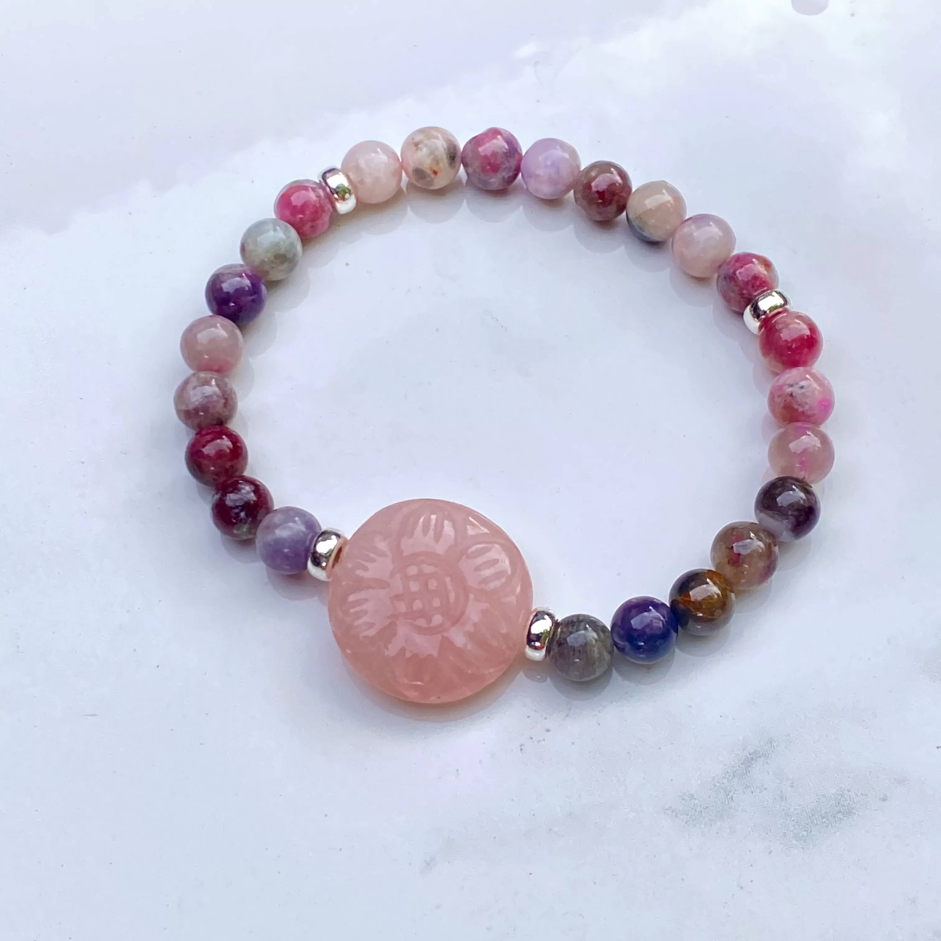 Mixed Tormaline or Red Lepidolite and Rose Quartz gemstone bracelets