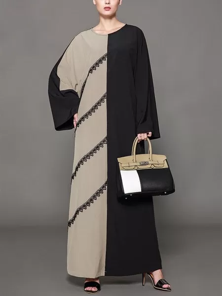 Morven Khaki and Black Lace Colourblock Slant Lace Maxi Abaya Dress