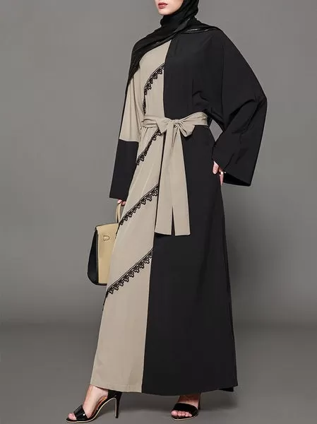 Morven Khaki and Black Lace Colourblock Slant Lace Maxi Abaya Dress