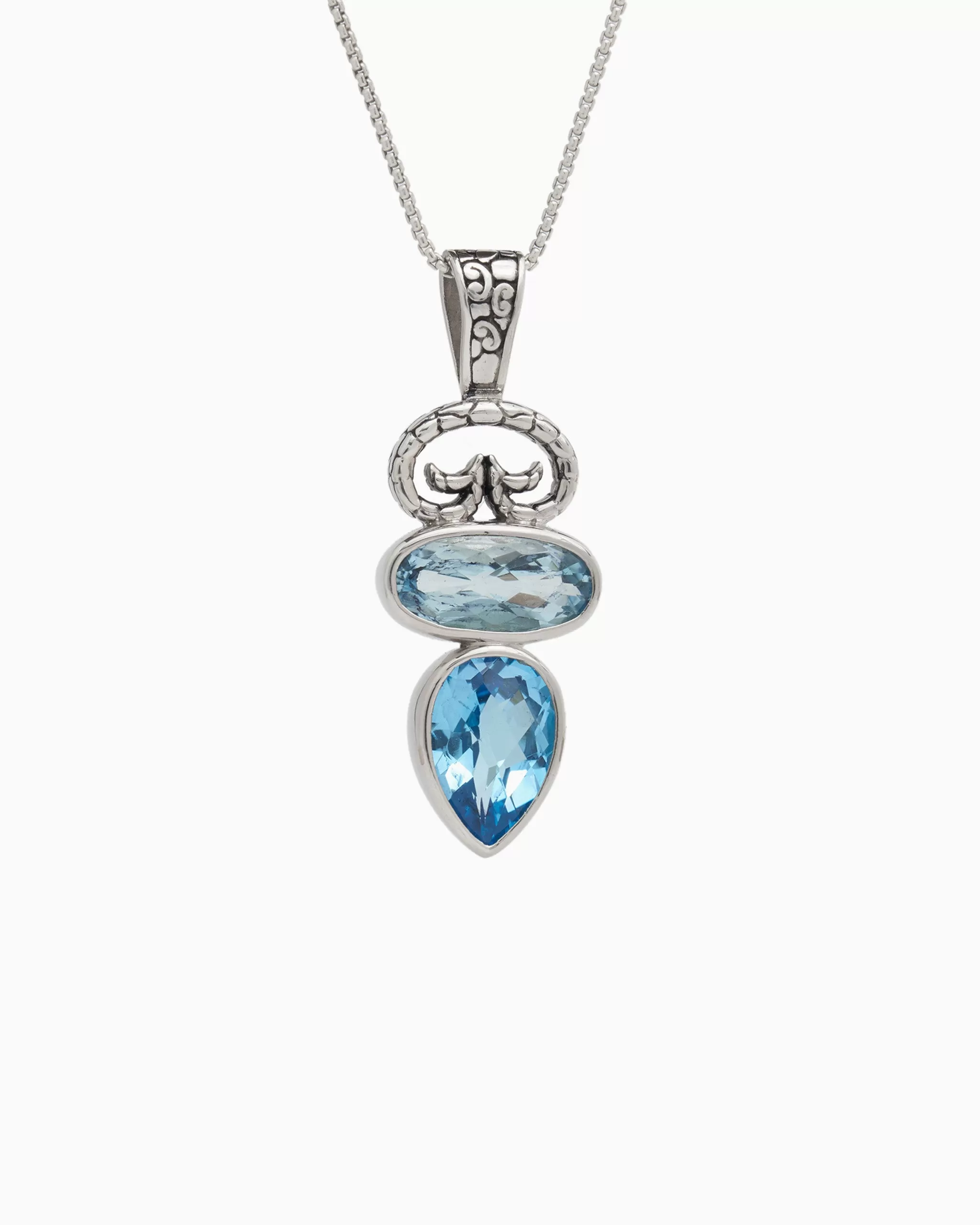 North Shore Double Stone Pendant with Petroglyph - Hampton Blue Topaz/Swiss Blue Topaz