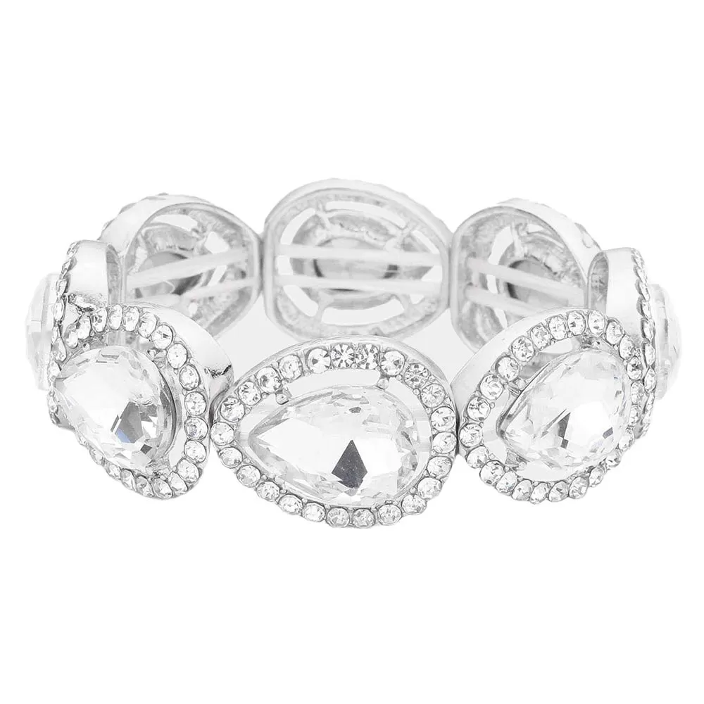 Pave Teardrop Trim Glass Crystal Stretch Evening Bracelet