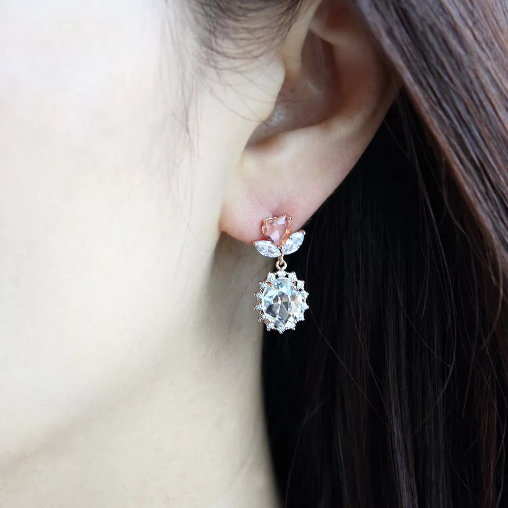 Peach Colored Heart Shape Flower and Oval Crystal Drop Earrings