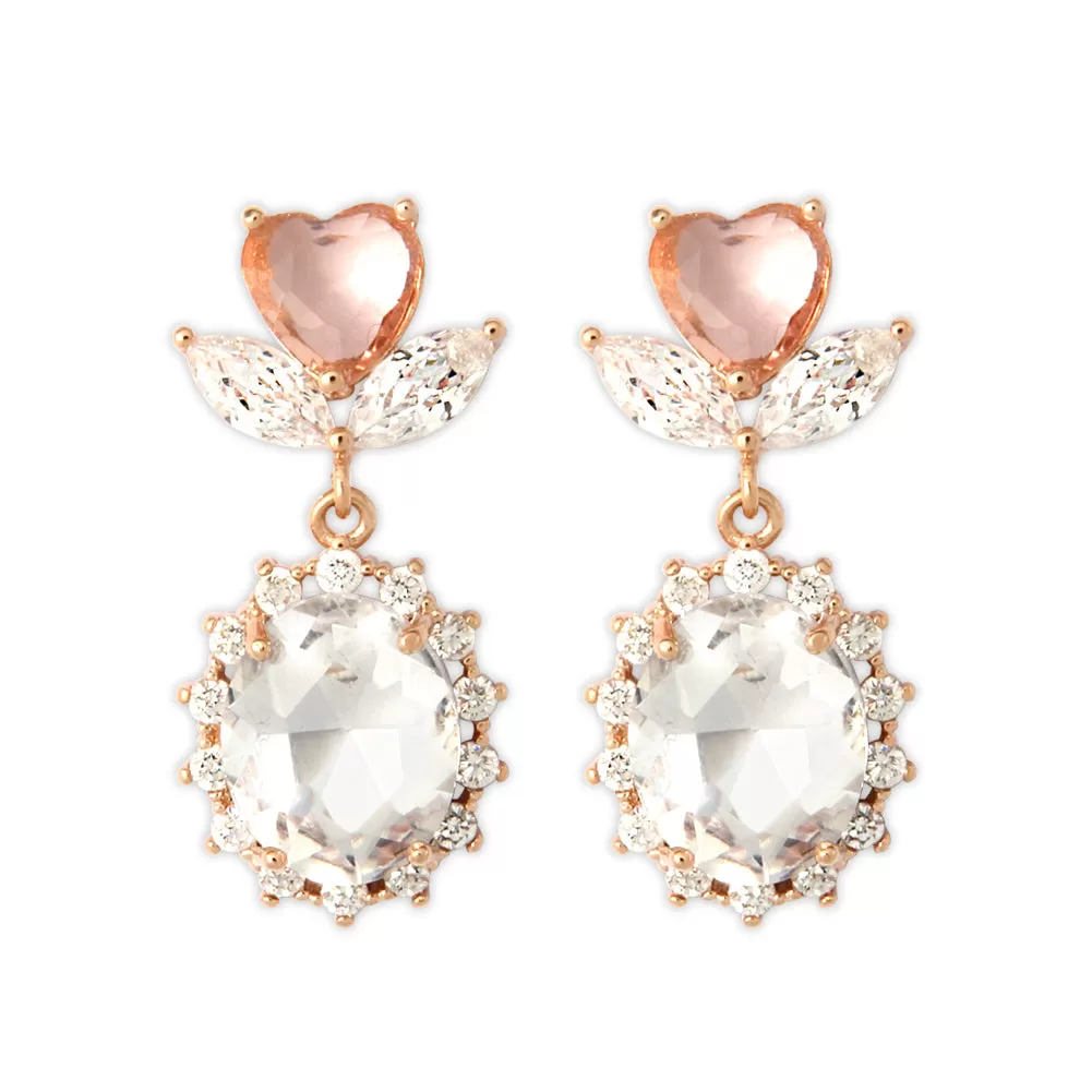 Peach Colored Heart Shape Flower and Oval Crystal Drop Earrings