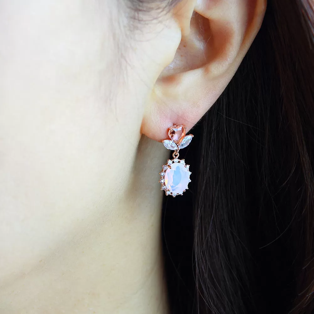 Peach Colored Heart Shape Flower and Oval Crystal Drop Earrings