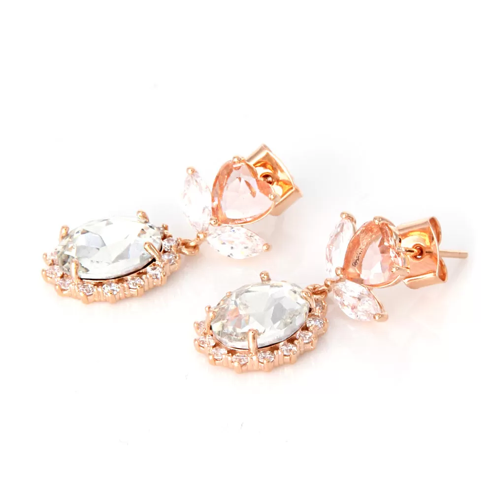 Peach Colored Heart Shape Flower and Oval Crystal Drop Earrings