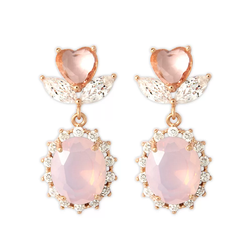 Peach Colored Heart Shape Flower and Oval Crystal Drop Earrings