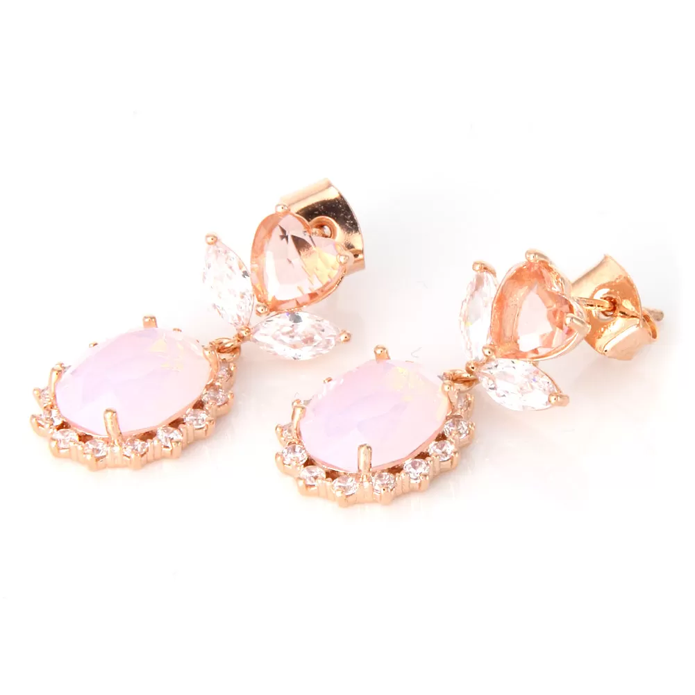 Peach Colored Heart Shape Flower and Oval Crystal Drop Earrings