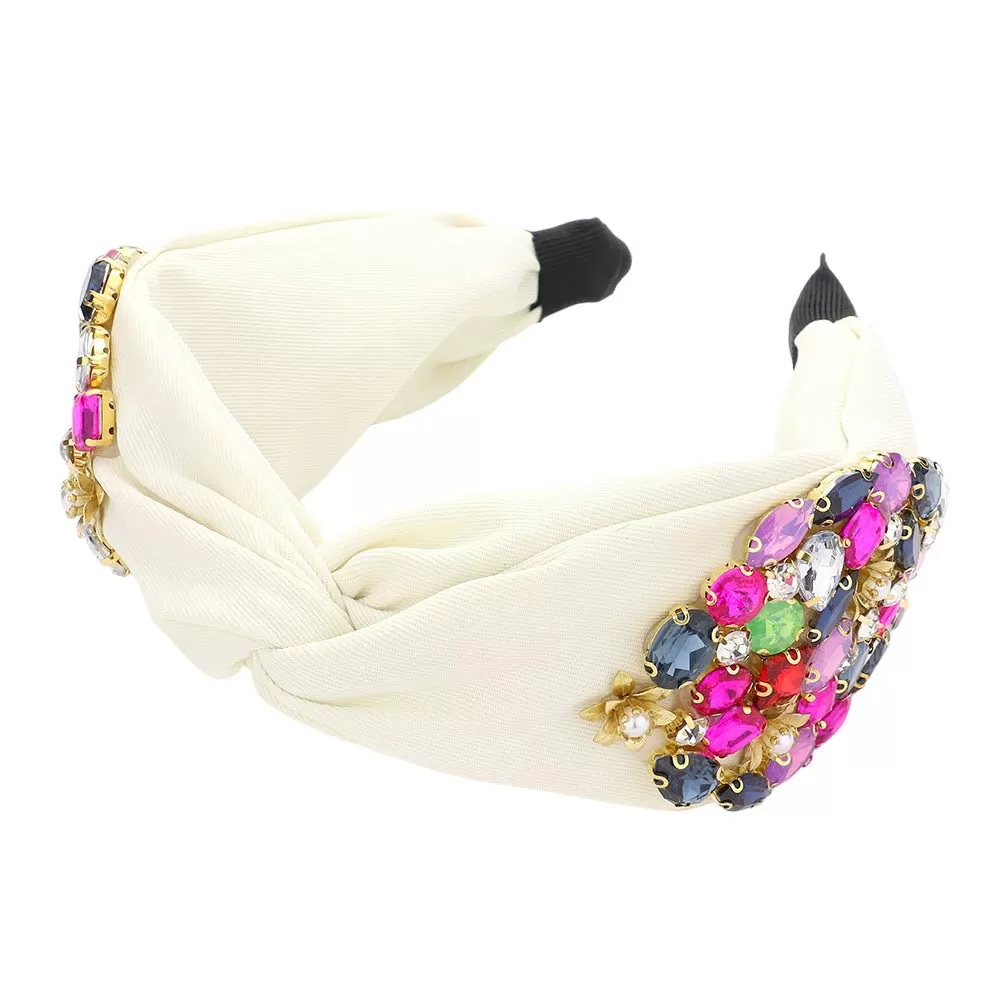 Pearl Centered Flower Multi Stone Twisted Headband