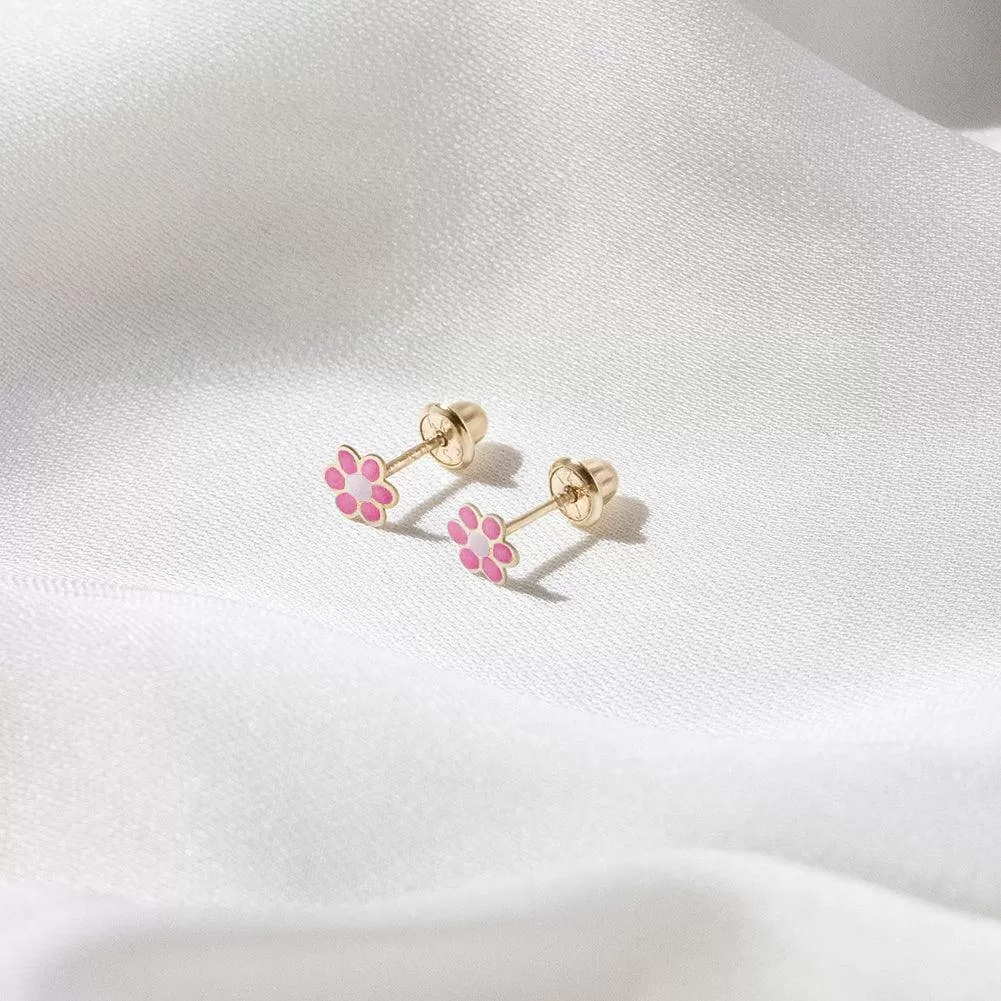 Pink Flower Sterling Silver Baby Children Screw Back Earrings