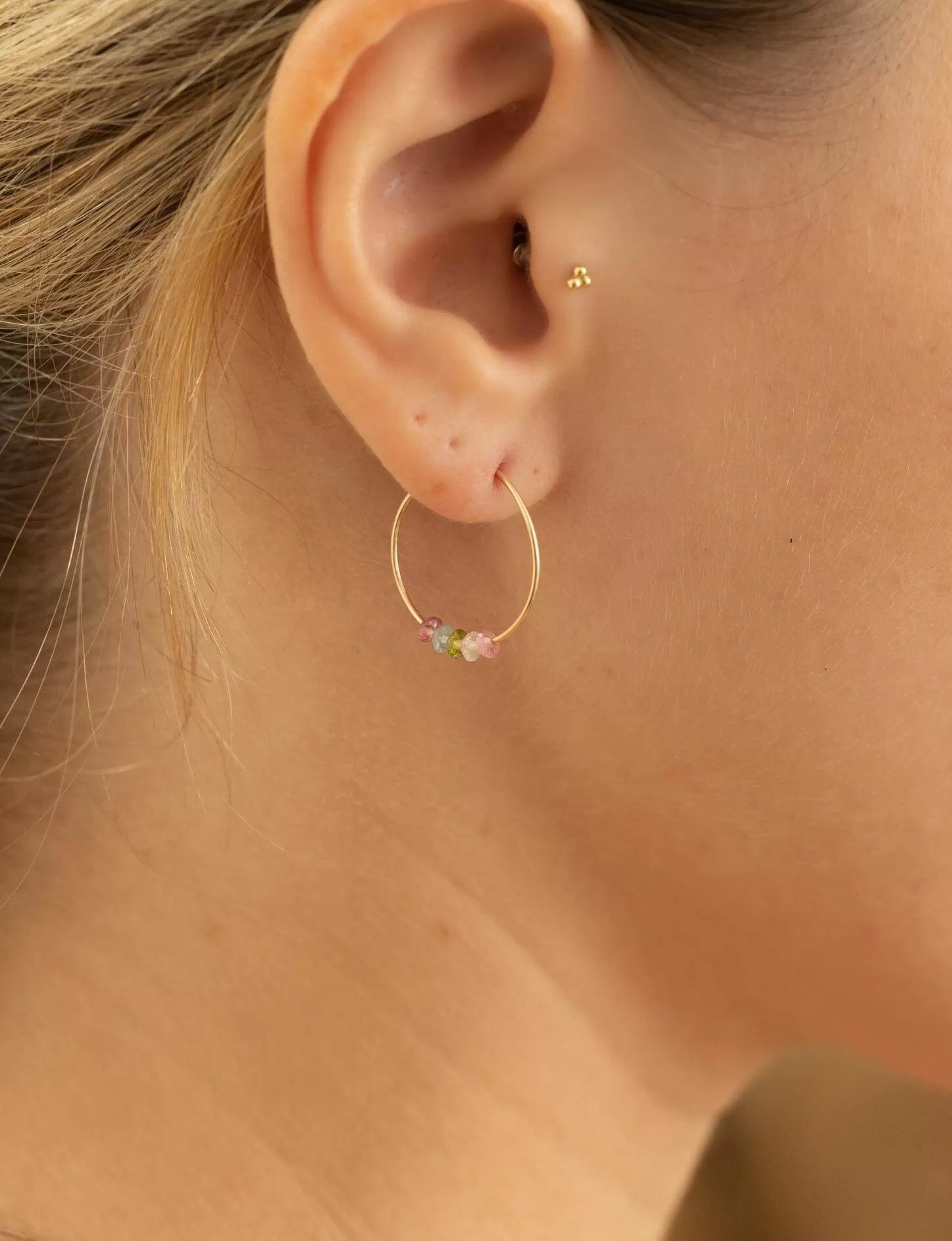 Rainbow Tourmaline Gold Hoop Earrings for Happiness