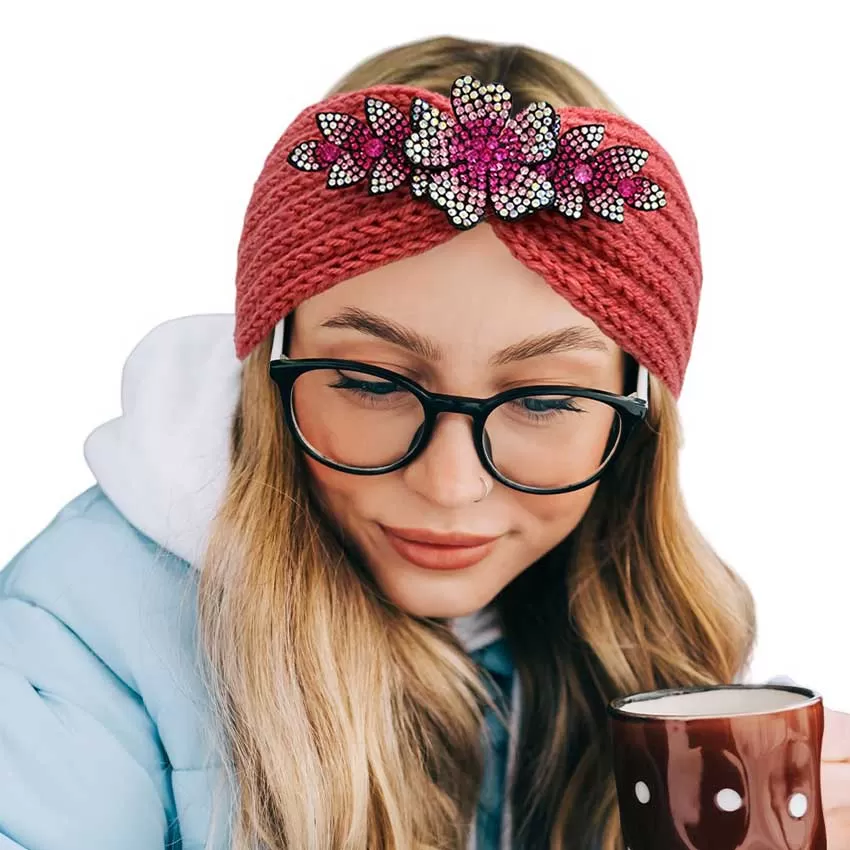 Rhinestone Flower Bling Pointed Knit Earmuff Headband