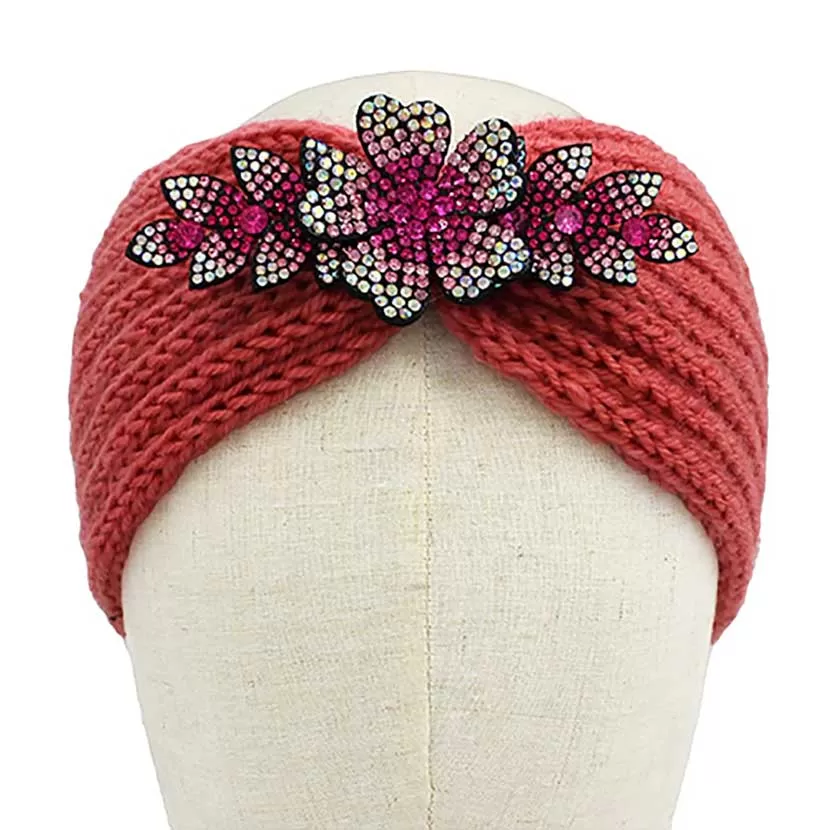 Rhinestone Flower Bling Pointed Knit Earmuff Headband