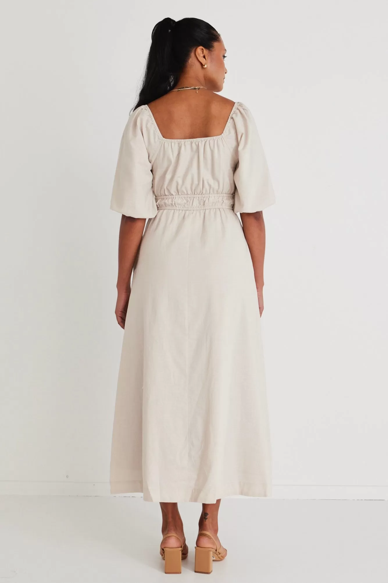 Roma Ecru Linen Blend Ss Slim Fit Midi Dress