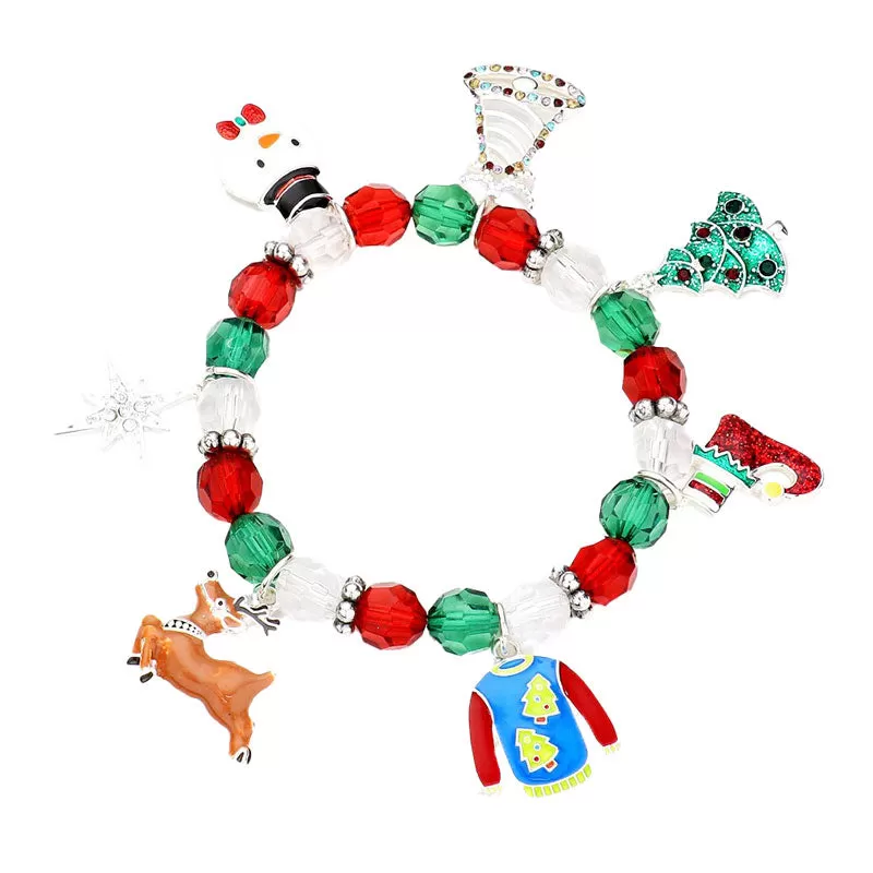 Rudolph Jingle Bell Snowman Charm Station Stretch Bracelet