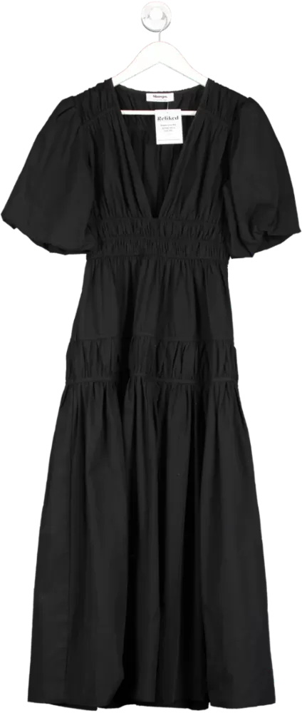 Showpo Black Miele Puff Sleeved Plunge Tiered Dress UK 8