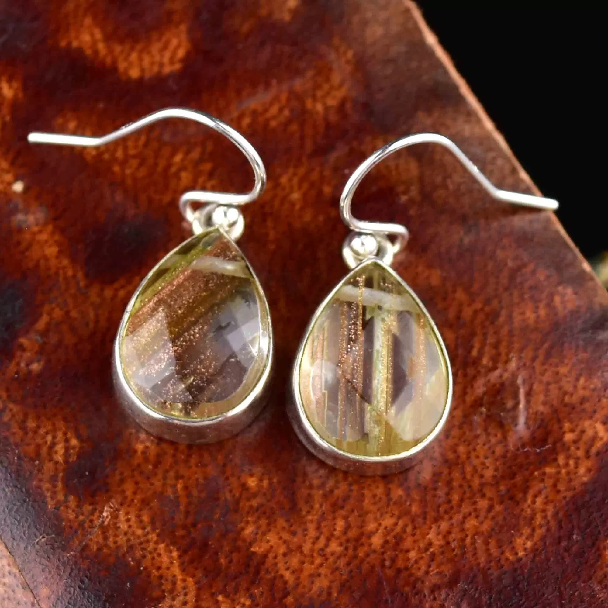 Silver Teardrop Rutilated Quartz Earrings