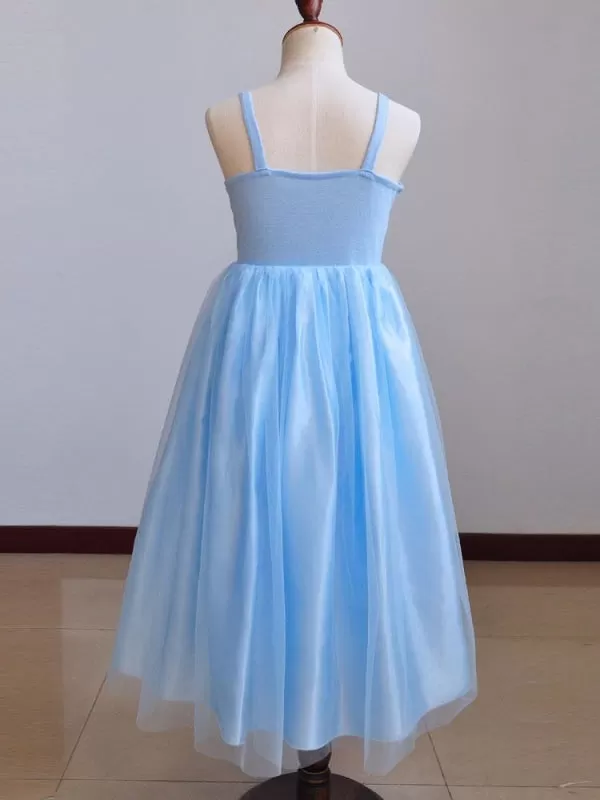 Sky Blue Princess Flower Girl Dresses Square Neck Sleeveless Pleated Kids Party Dresses With Gloves