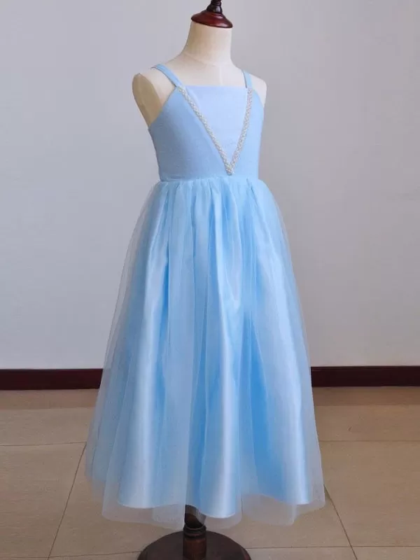 Sky Blue Princess Flower Girl Dresses Square Neck Sleeveless Pleated Kids Party Dresses With Gloves