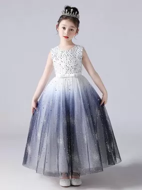 Sleeveless Tulle Lace Flower Girl Dresses Blue Jewel Neck Cotton Embroidered Kids Party Dresses