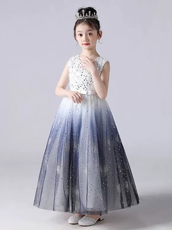 Sleeveless Tulle Lace Flower Girl Dresses Blue Jewel Neck Cotton Embroidered Kids Party Dresses