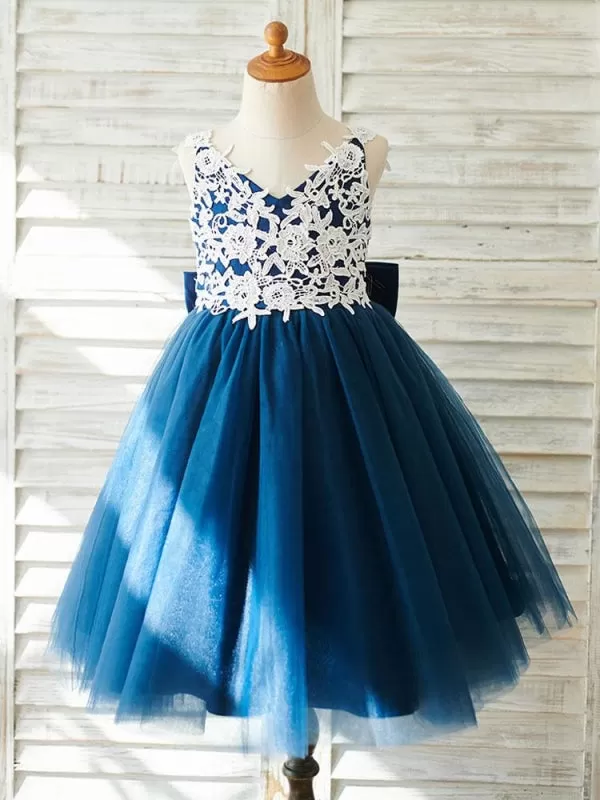 Sleeveless V-Neck Dark Navy Kids Party Dresses Flower Girl Dresses with Bows