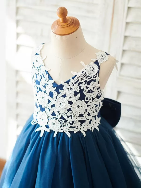 Sleeveless V-Neck Dark Navy Kids Party Dresses Flower Girl Dresses with Bows