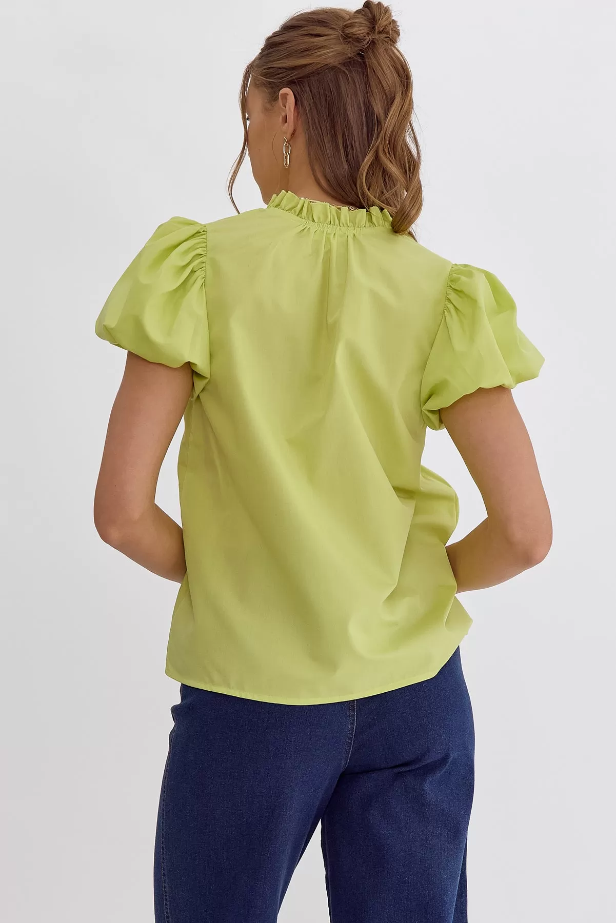 Solid V-Neck Short Puff Sleeve Top