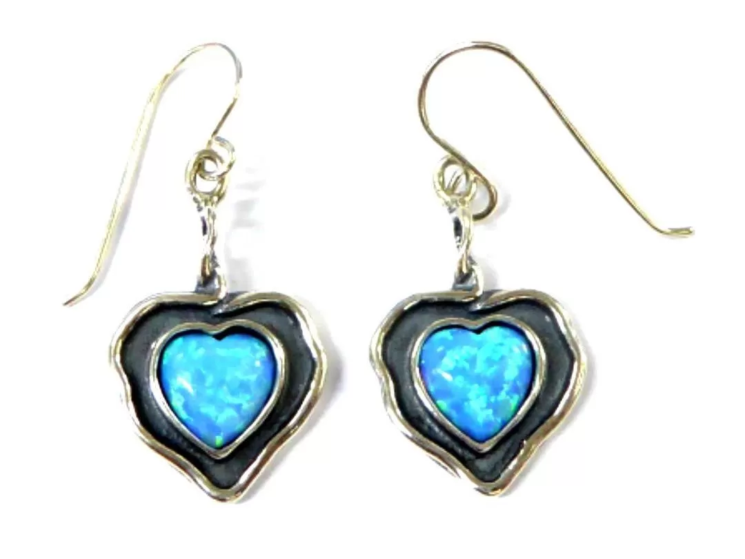 Sterling silver Heart earrings set with Blue opals Israeli designer jewelry gift for mom