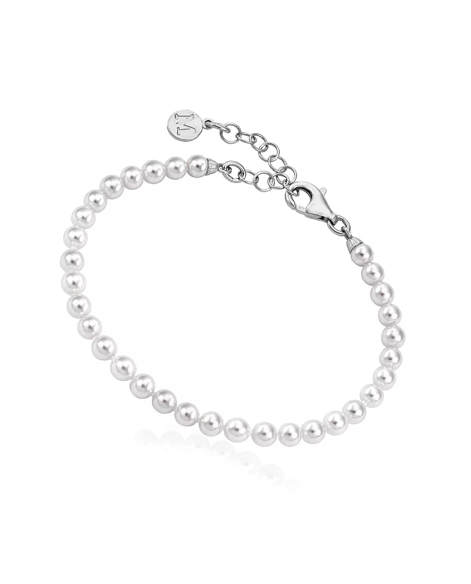 Sterling Silver Rhodium Plated Bracelet for Women with Organic Pearl, 4mm Round White Pearl, 6.2/7.4 Length, Ballet Collection