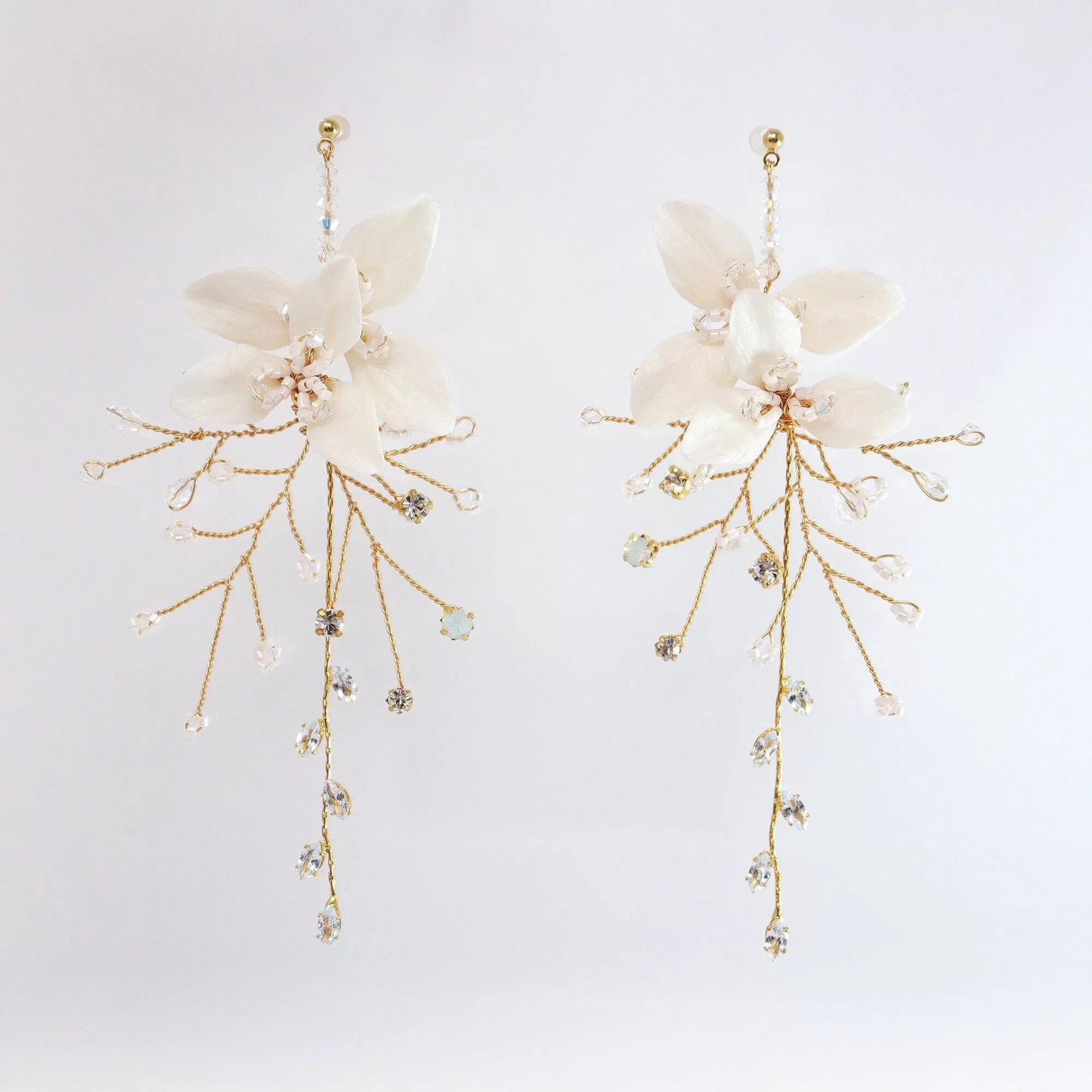 Swarovski Crystal White Flower Opal Long Vine Leaves Earrings, Long Bridal Jewelry, 925 Sterling Silver, Statement Earrings Cz