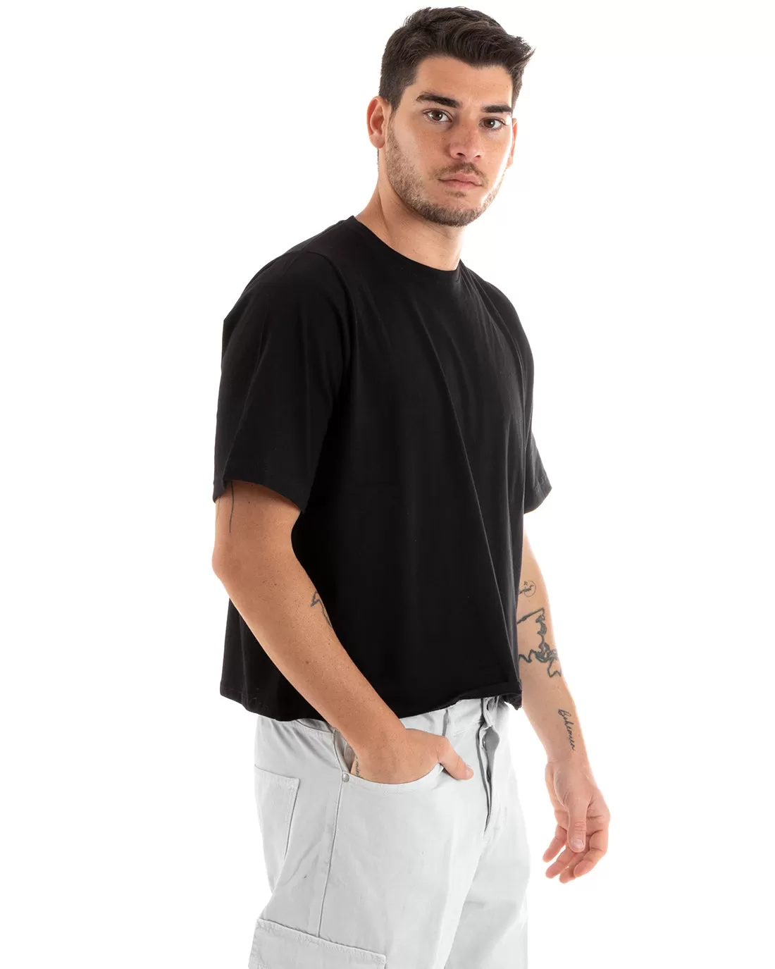 T-shirt Uomo Cropped Oversize Boxy Fit Tinta Unita Corta Nera Casual GIOSAL-TS2879A