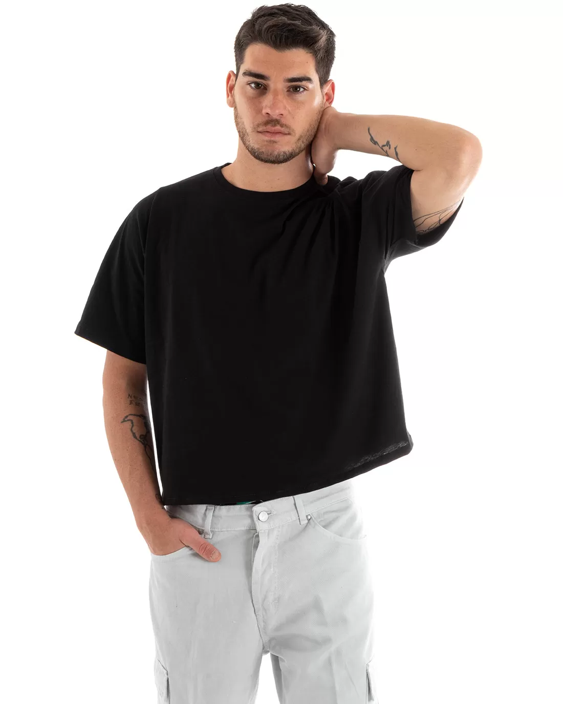 T-shirt Uomo Cropped Oversize Boxy Fit Tinta Unita Corta Nera Casual GIOSAL-TS2879A