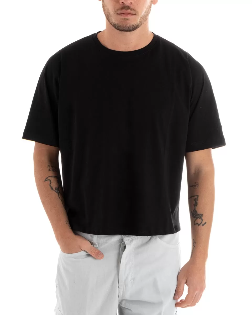 T-shirt Uomo Cropped Oversize Boxy Fit Tinta Unita Corta Nera Casual GIOSAL-TS2879A