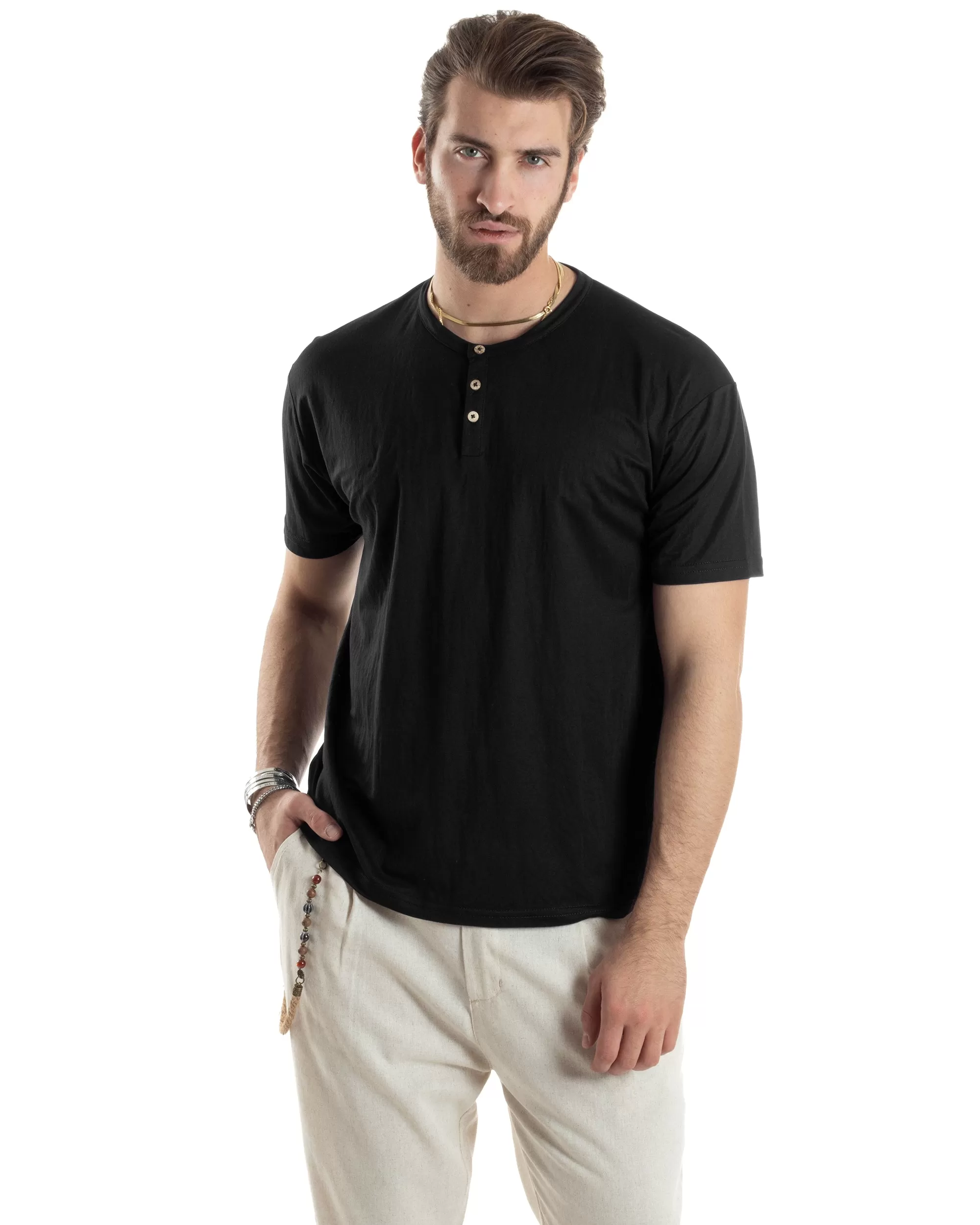 T-shirt Uomo Manica Corta Viscosa Collo Serafino Maglia Con Bottoni Casual Nero GIOSAL-TS3036A