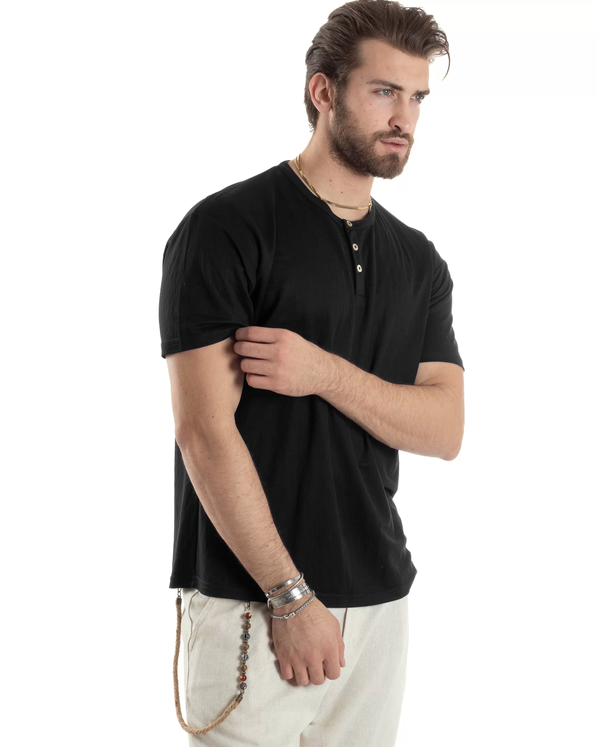 T-shirt Uomo Manica Corta Viscosa Collo Serafino Maglia Con Bottoni Casual Nero GIOSAL-TS3036A