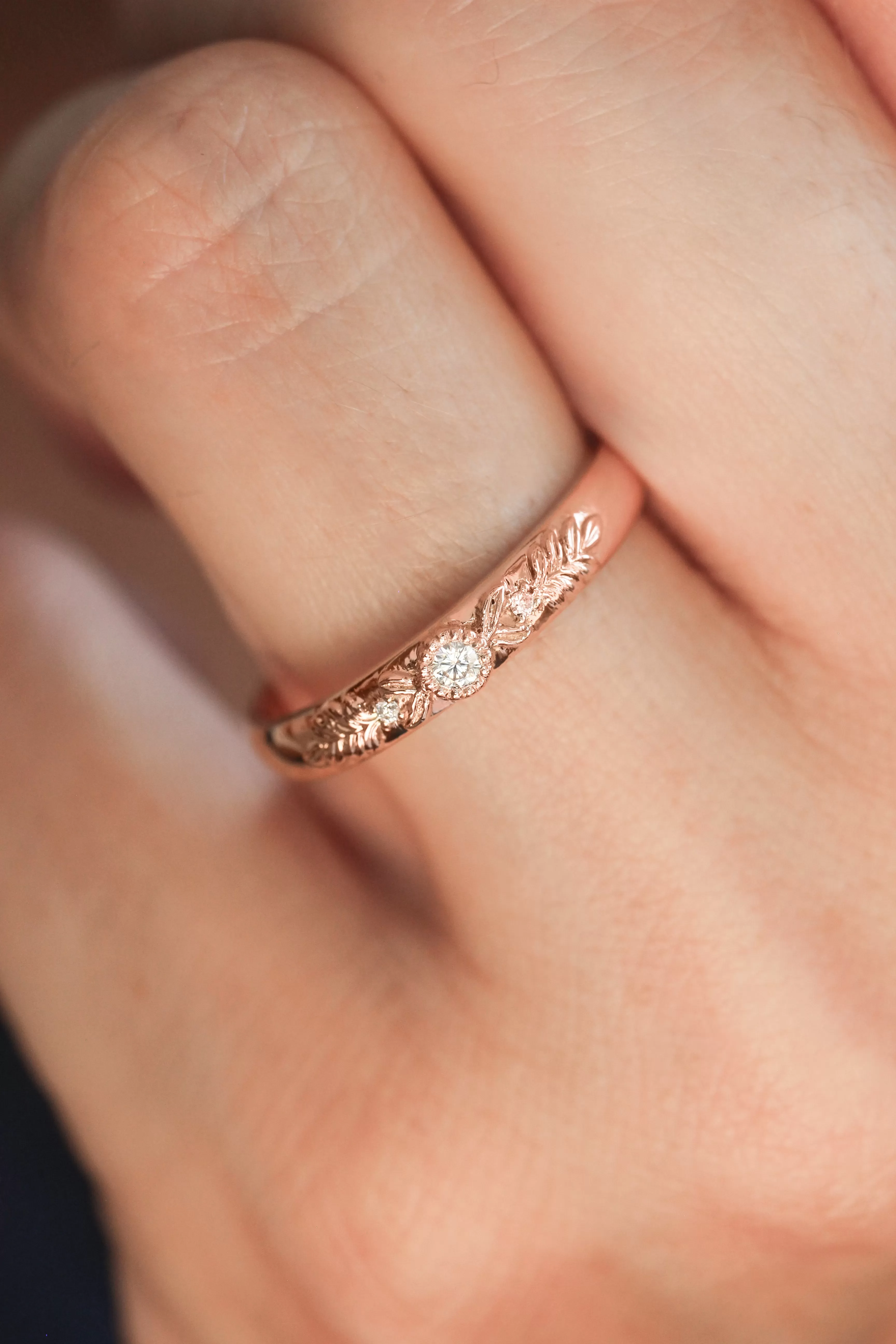 Three diamonds wedding band for woman, wreath ring