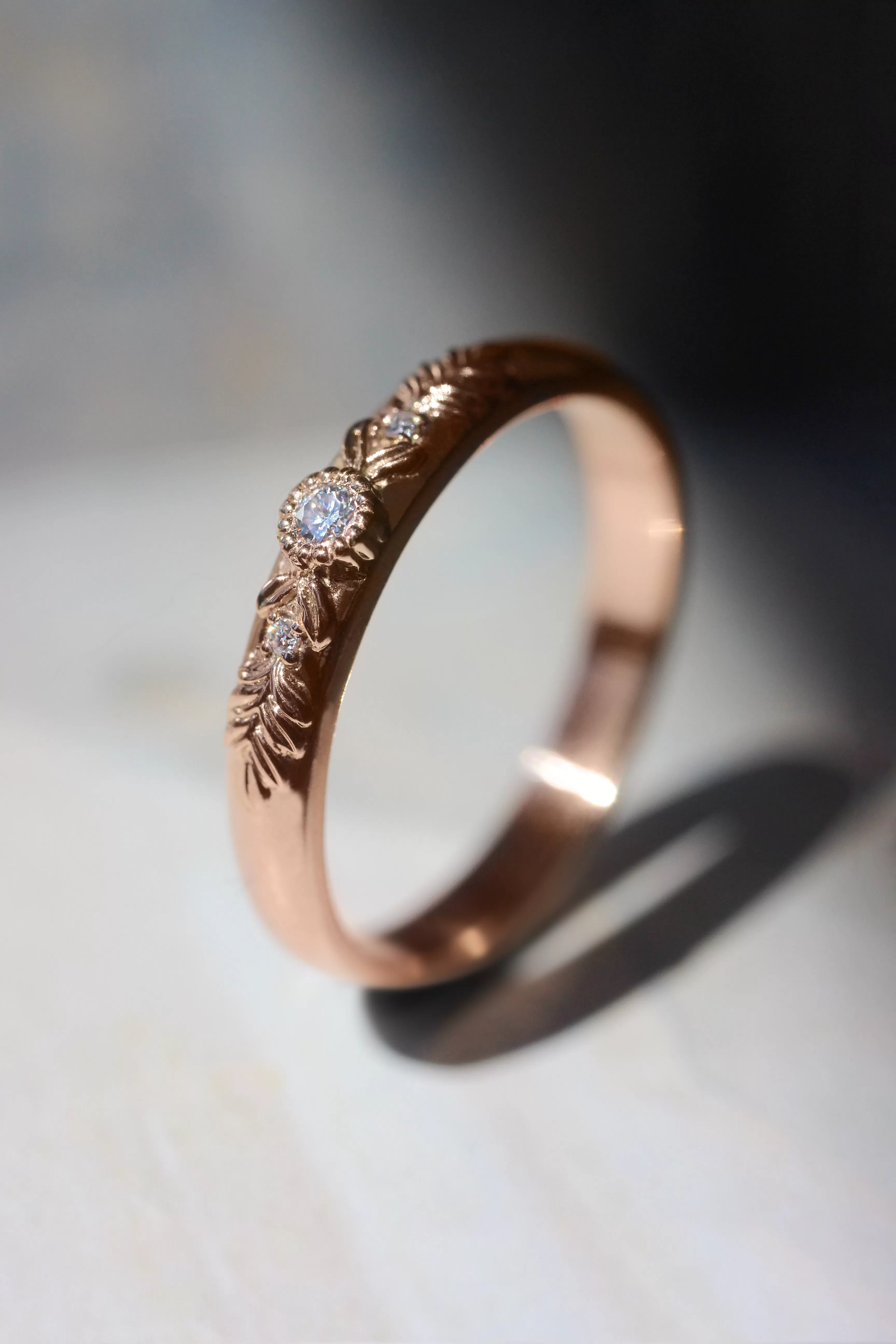 Three diamonds wedding band for woman, wreath ring