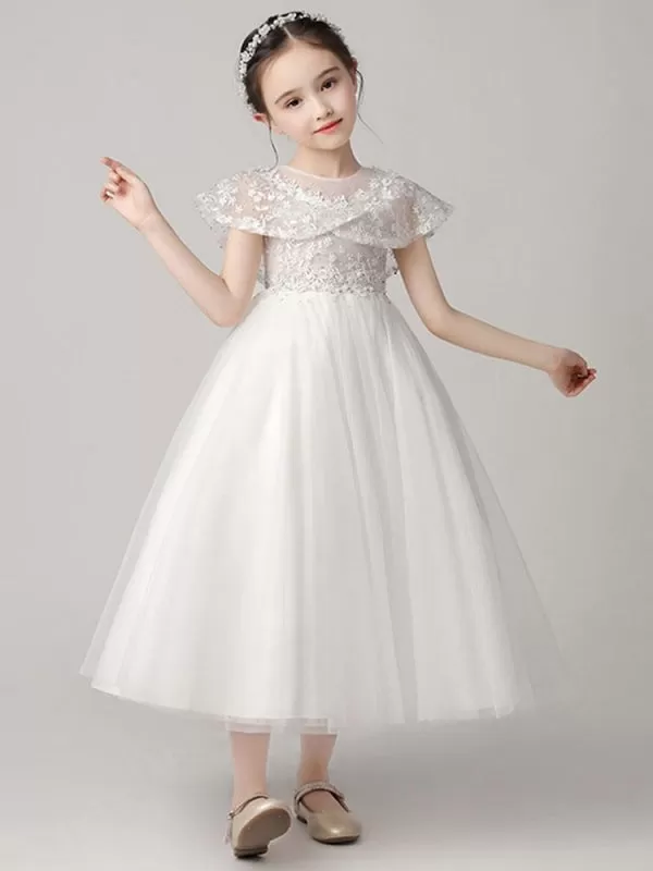 Tulle Sleeveless Flower Girl Dresses Jewel Neck Ankle Length Princess Embroidered Kids Party Dresses