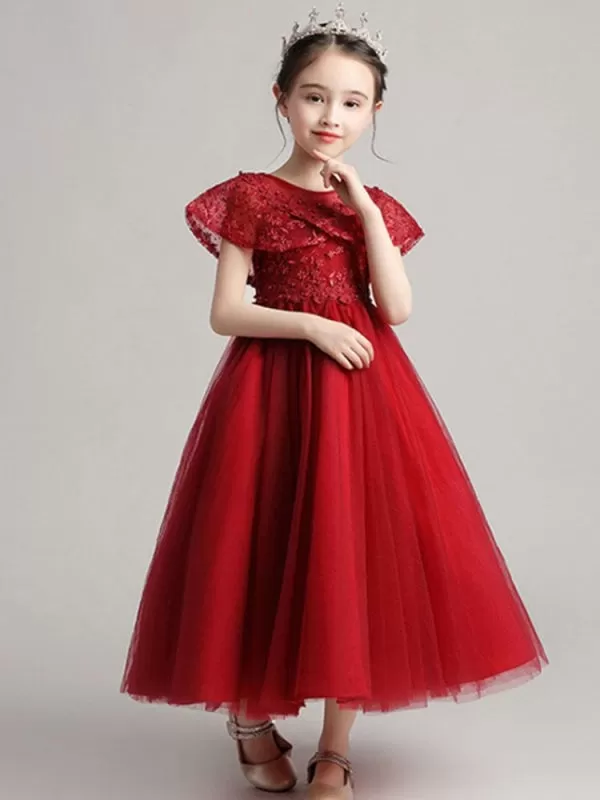 Tulle Sleeveless Flower Girl Dresses Jewel Neck Ankle Length Princess Embroidered Kids Party Dresses