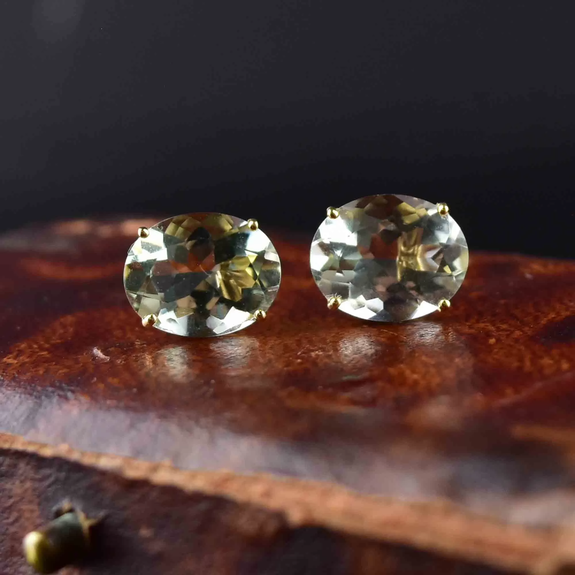 Vintage 14K Gold Oval Prasiolite Stud Earrings