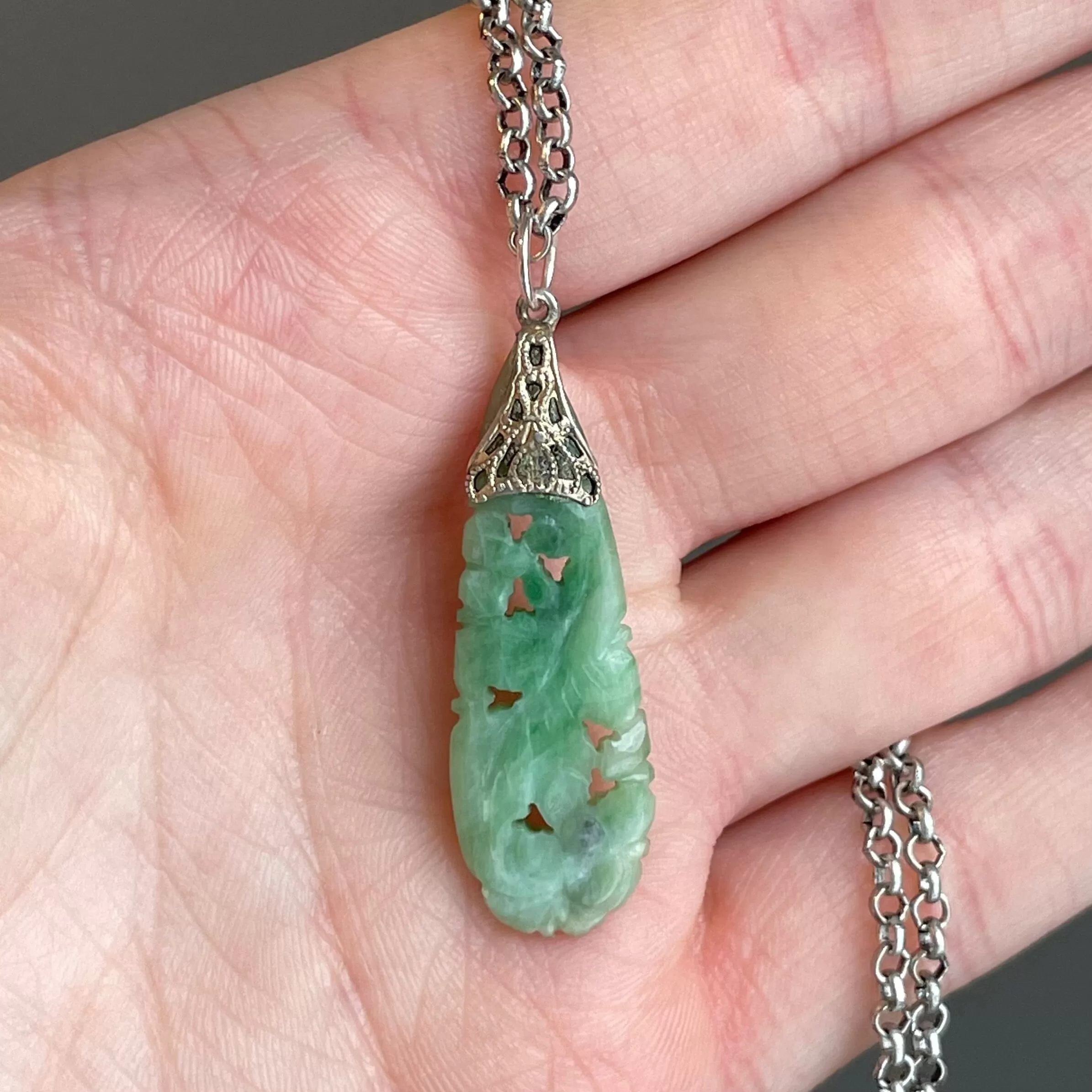 Vintage Carved Silver Jade Pendant Necklace