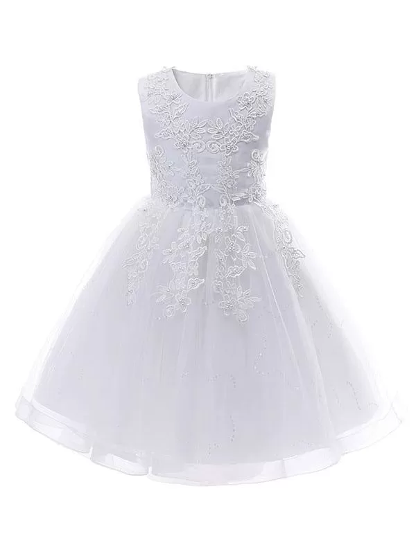 White Flower Girl Dresses Short Princess Dress Jewel Neck Sleeveless Bows Kids Party Dresses