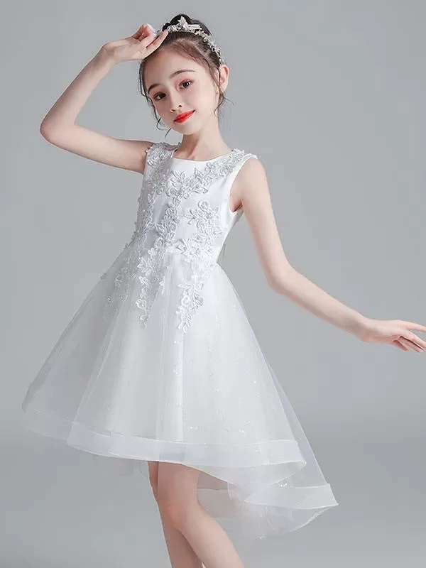 White Flower Girl Dresses Short Princess Dress Jewel Neck Sleeveless Bows Kids Party Dresses