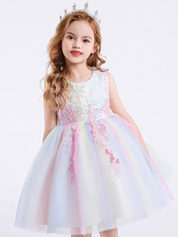 White Jewel Neck Sleeveless Flower Girl Dresses A-Line Embroidered Formal Kids Pageant Dresse