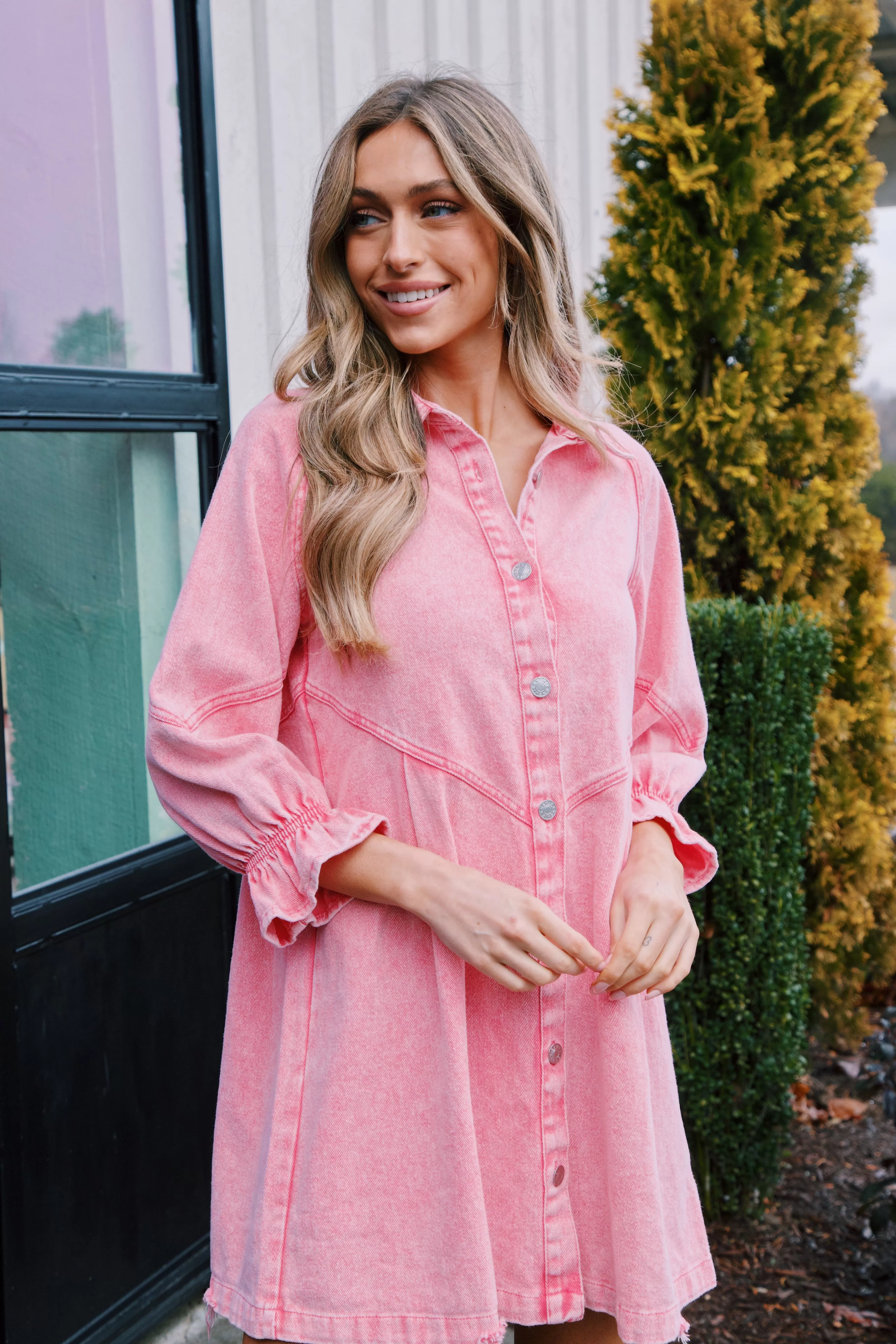 Winona Washed Denim Dress, Hot Pink