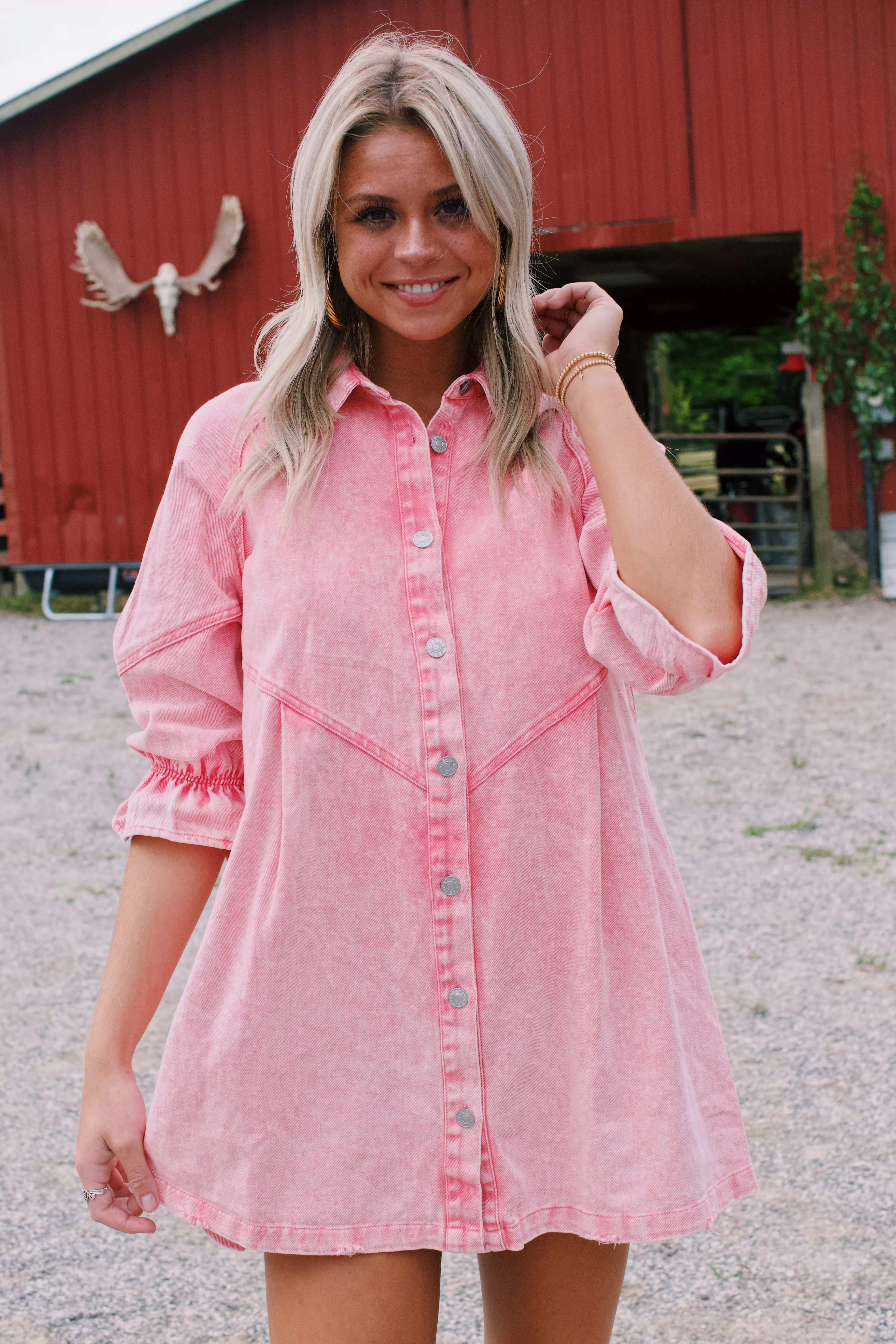 Winona Washed Denim Dress, Hot Pink