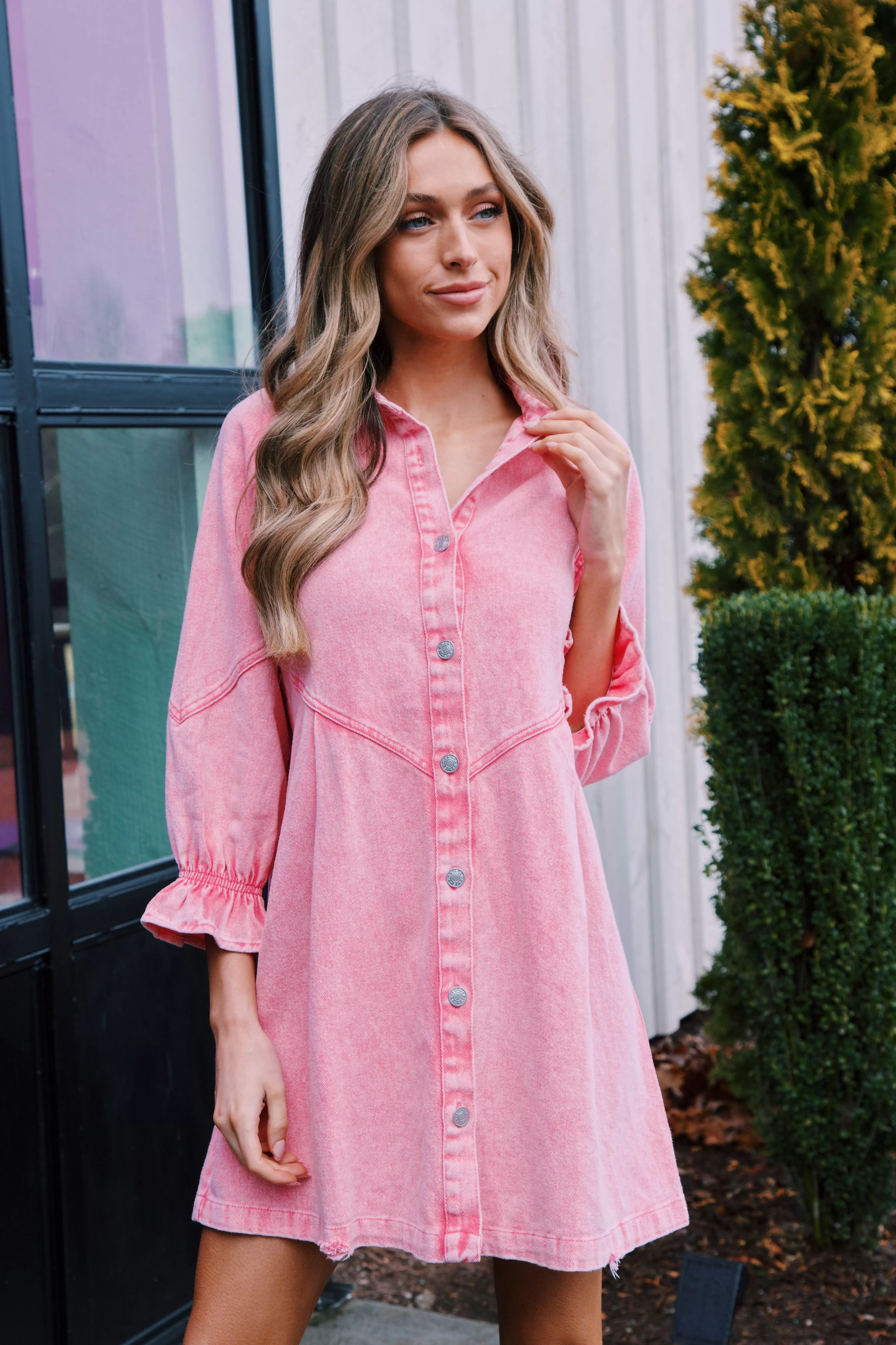 Winona Washed Denim Dress, Hot Pink